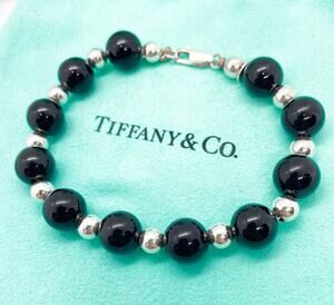 Tiffany & Co. 10mm Onyx & Sterling Silver Bead Ball Bracelet 7.5"
